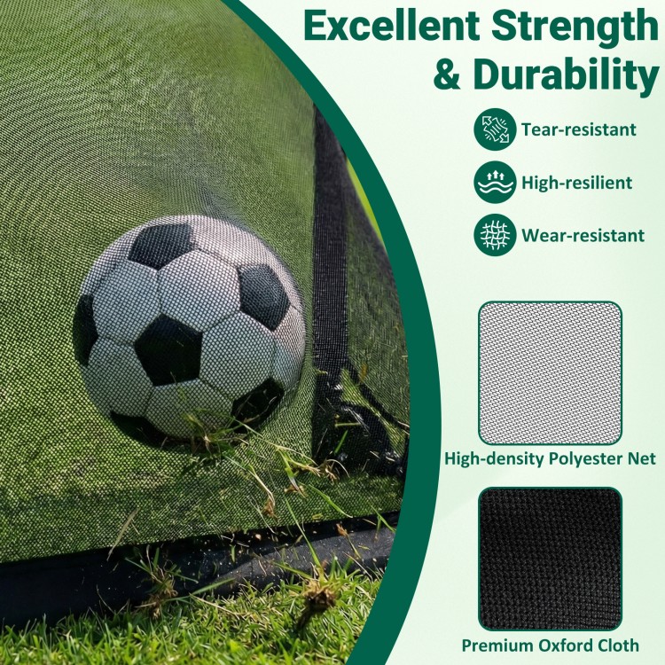 Portable pop-up football training net with high-density polyester, tear-resistant design, ideal for backyard and park.