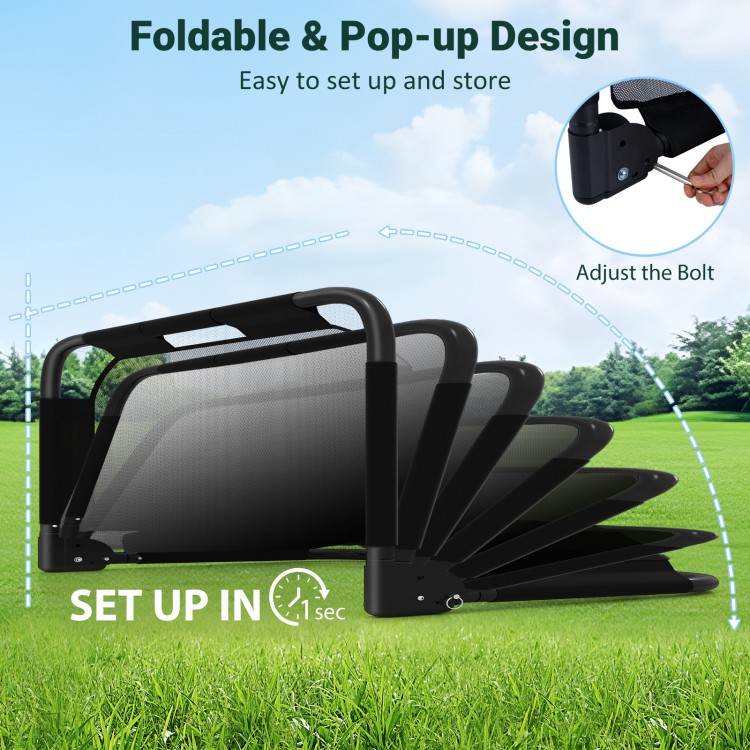 Portable pop-up football training equipment with net, featuring a foldable design and robust metal pipes for easy setup.