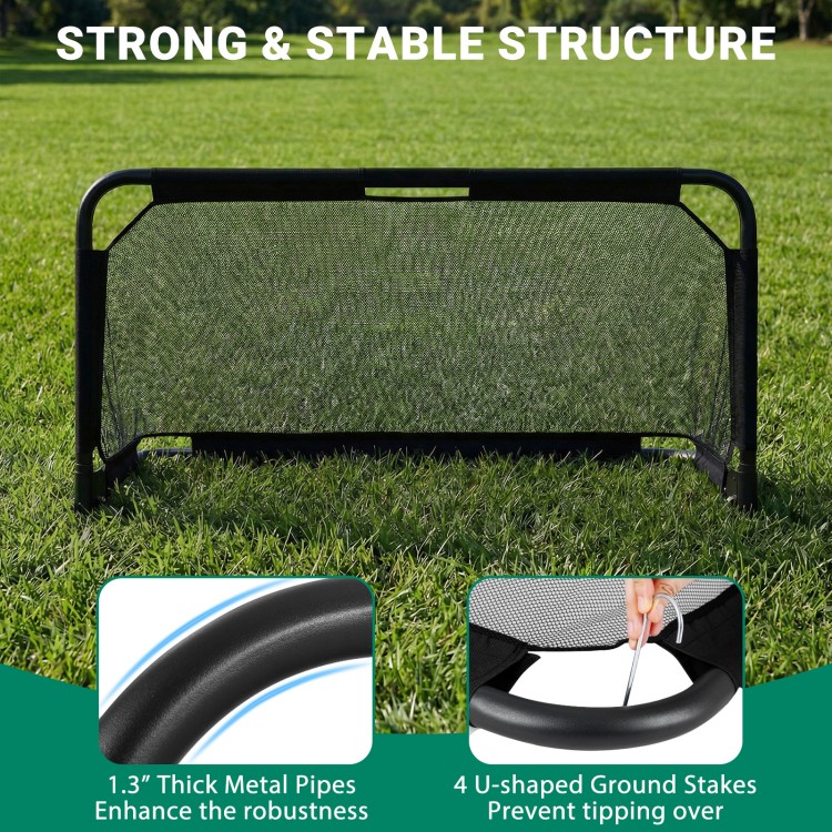 Portable 5 x 3 FT football training net with 1.3" thick metal pipes and U-shaped stakes for stability in outdoor.