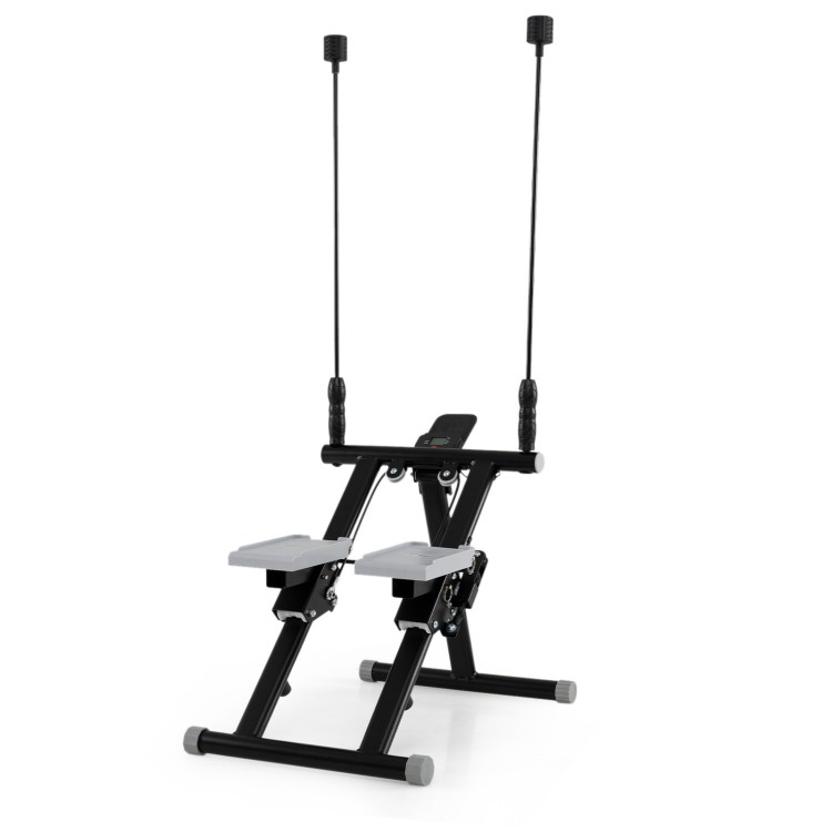 Foldable stair stepper in black with detachable handlebar, designed for low-impact full-body workouts at home.