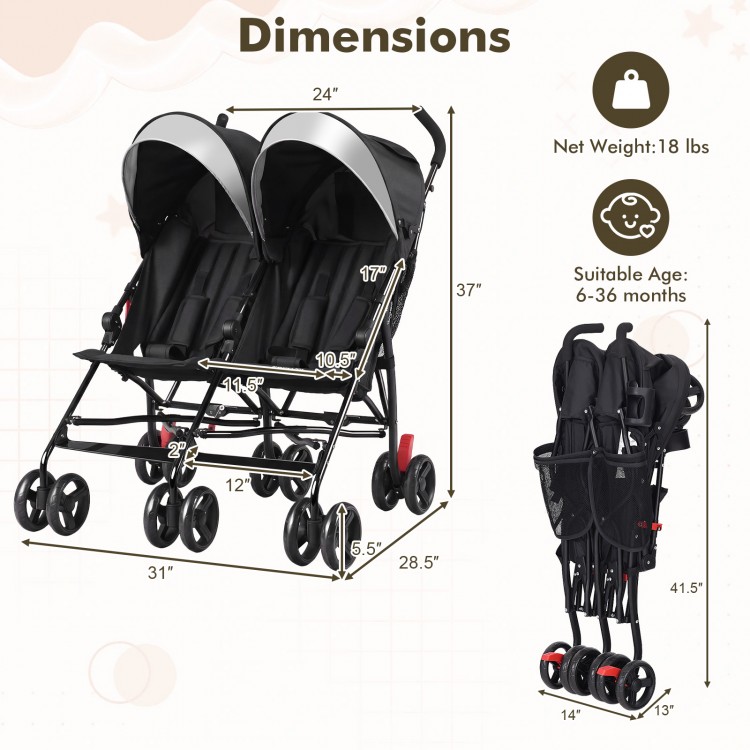 Foldable twin baby double stroller in black with adjustable backrest, lightweight frame, and compact umbrella fold for.