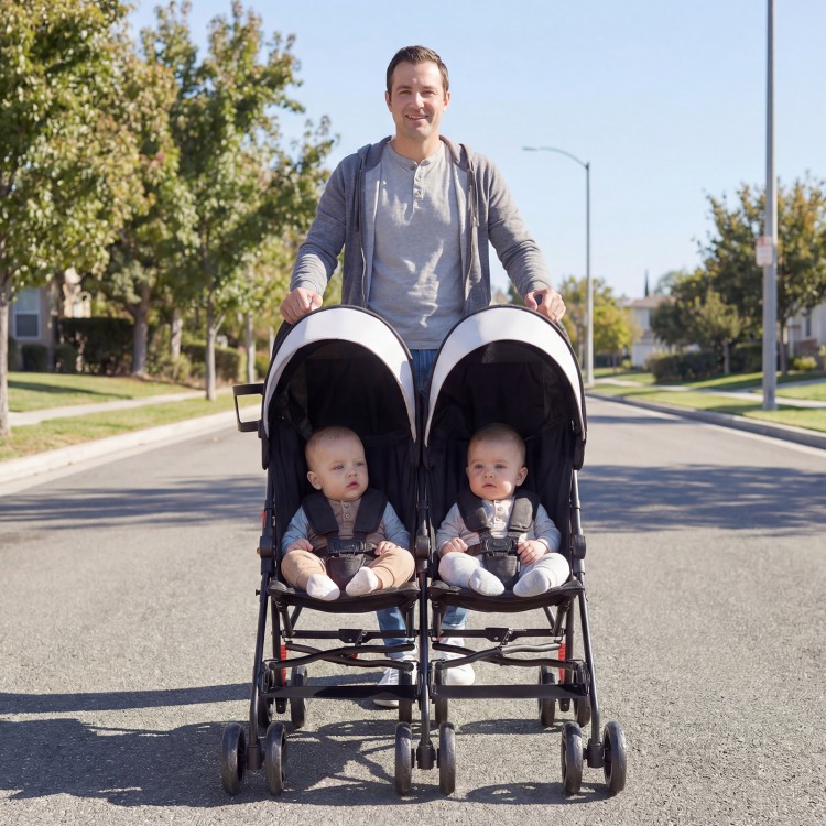 Foldable twin baby double stroller in black with adjustable backrest, lightweight frame, and safety features for easy.