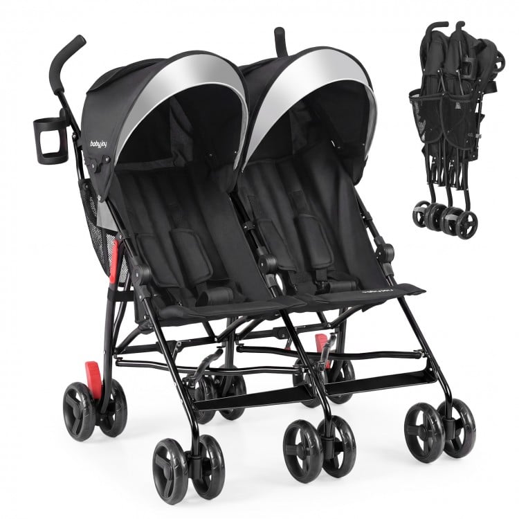 Foldable twin baby double stroller in black with adjustable backrest, 5-point harness, and lightweight frame for easy.