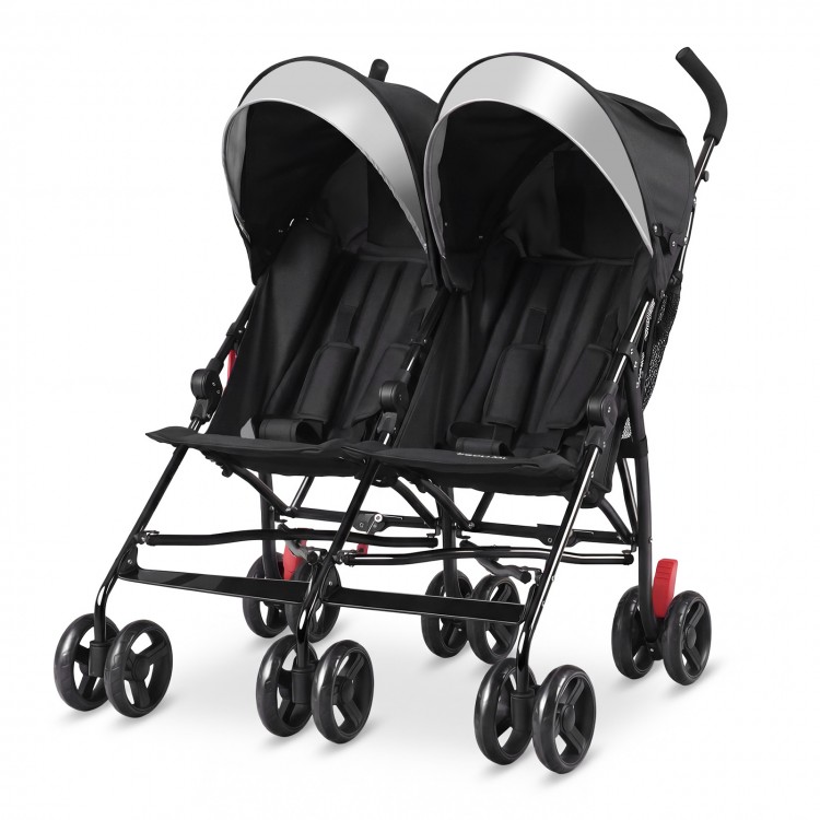 Foldable twin baby double stroller in black with adjustable backrest, lightweight frame, and 5-point safety harness for.