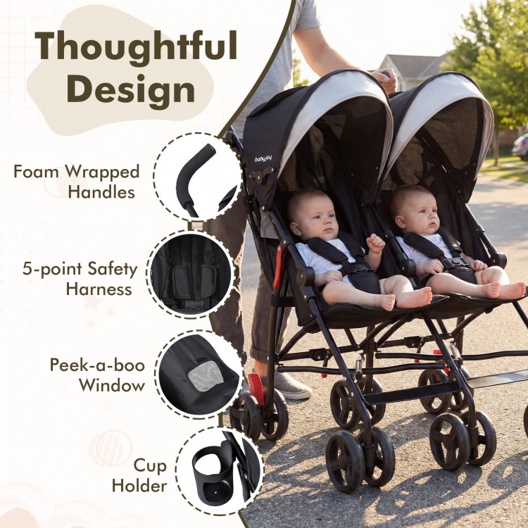 Foldable twin baby double stroller in black with adjustable backrest, 5-point safety harness, and cup holder for easy.