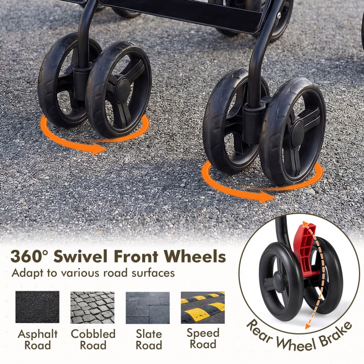 Front view of the Foldable Twin Baby Double Stroller with 360° swivel wheels, designed for smooth travel on various.