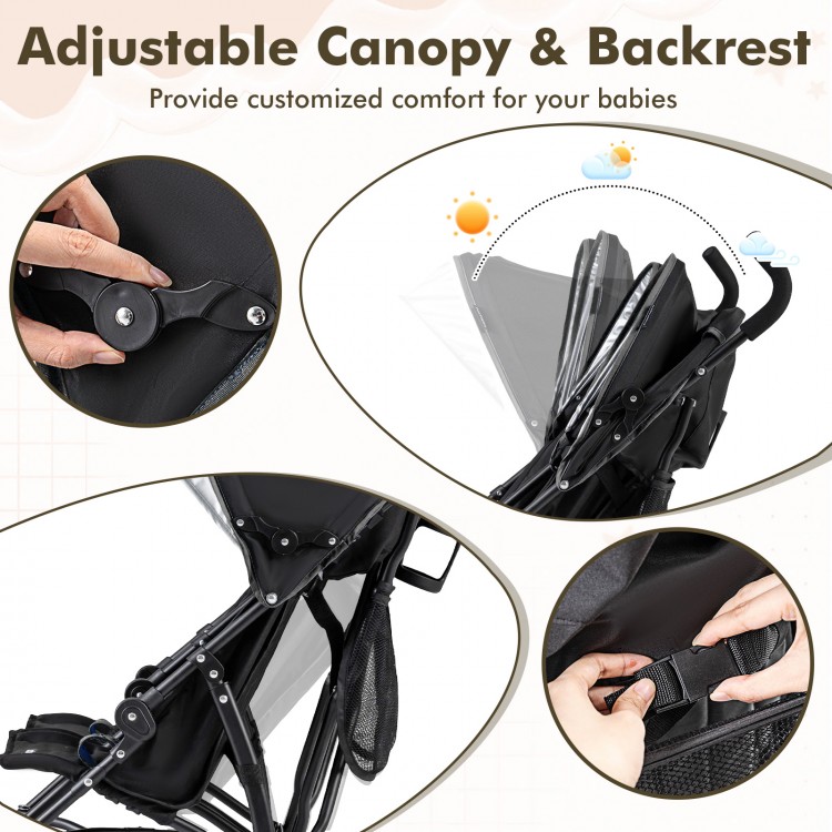 Adjustable canopy and backrest of the Foldable Twin Baby Double Stroller in black, providing customized comfort for.