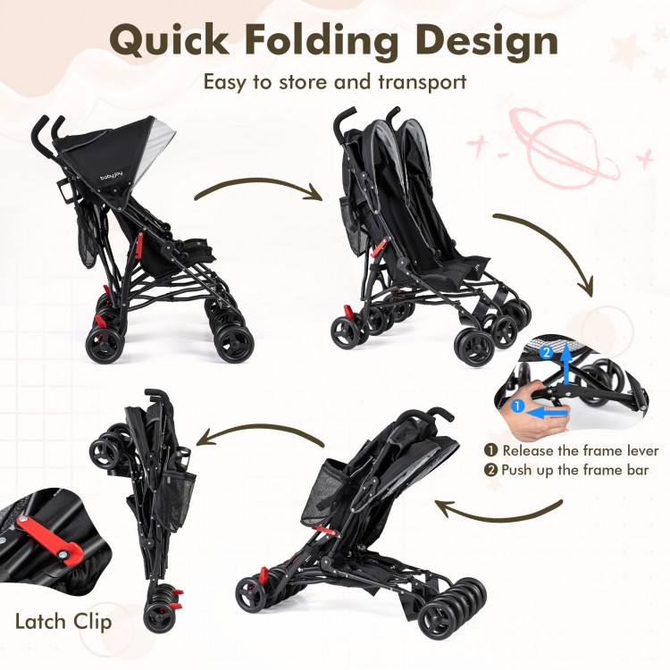 Foldable twin baby double stroller in black, showcasing quick folding design for easy storage and transport.