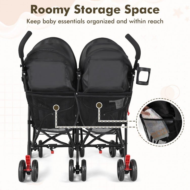 Foldable twin baby double stroller in black featuring roomy storage space and adjustable backrest for convenient travel.