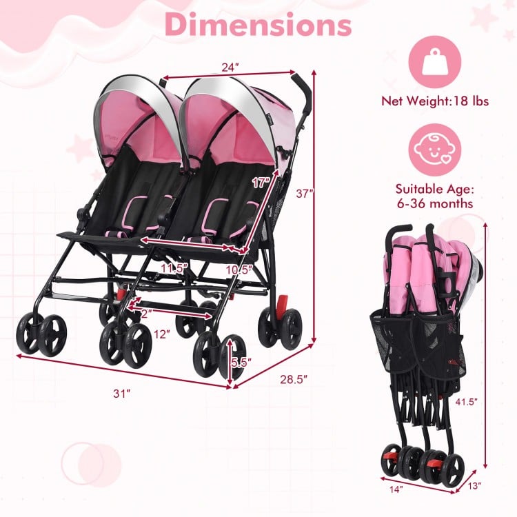 Foldable twin baby double stroller in pink with adjustable backrest, 360-degree swivel wheels, and ventilated canopy.