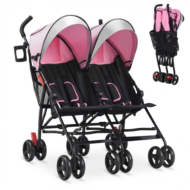 Foldable twin baby double stroller in pink with ventilated canopy, 360-degree swivel wheels, and compact umbrella fold.
