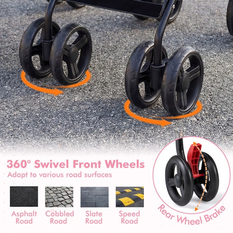360° swivel front wheels of the pink foldable twin baby stroller, designed for smooth travel on various surfaces.