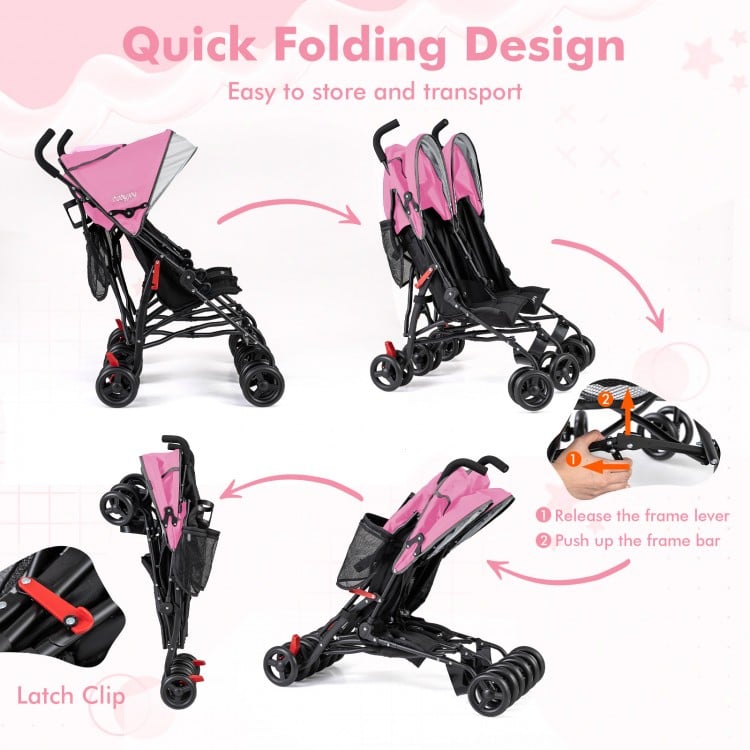 Foldable twin baby stroller in pink with quick umbrella fold, 360-degree swivel wheels, and ventilated canopy for.