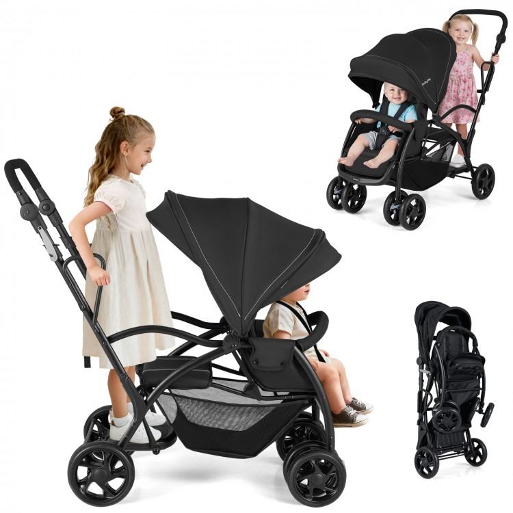 Foldable twin tandem stroller in black with adjustable handlebar, reclining front seat, and ample storage for kids.