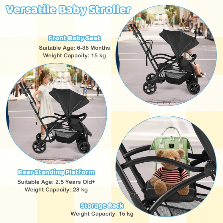 Foldable twin tandem stroller in black with adjustable handlebar, suitable for kids 6 months to 2.5 years, featuring.
