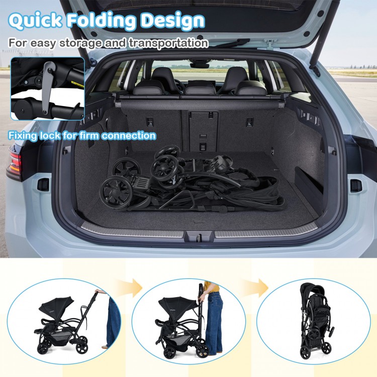Foldable twin tandem stroller in trunk, featuring quick folding design for easy storage and transportation.