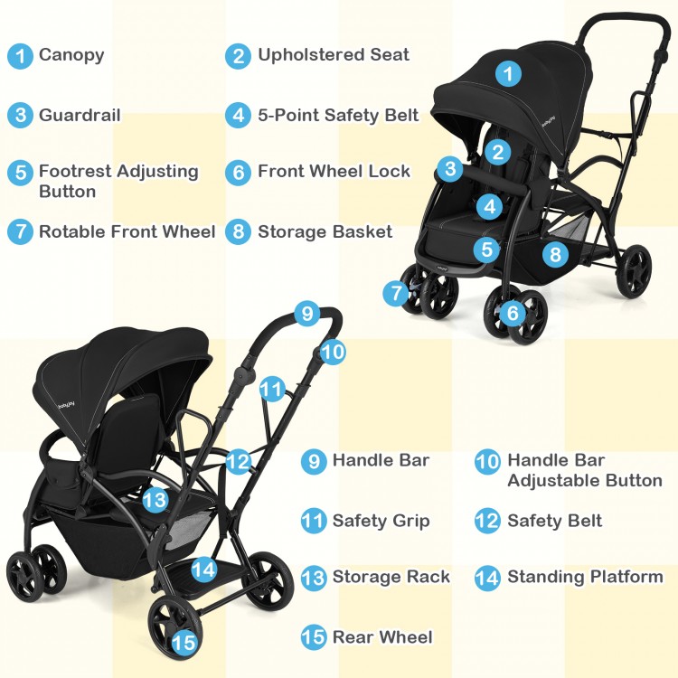 Foldable twin tandem stroller in black showcasing the adjustable canopy and smooth-rolling premium wheels for outdoor.