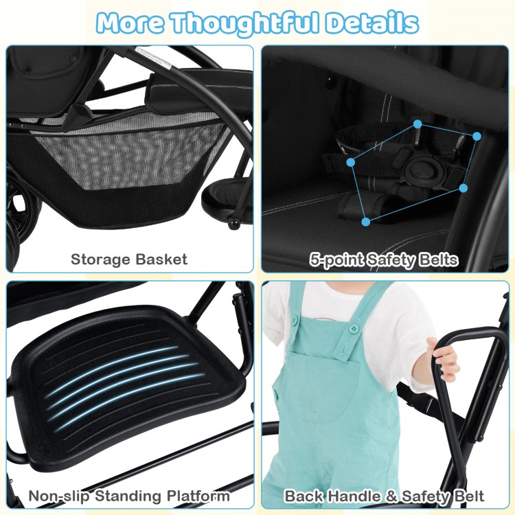 Close-up of the foldable twin tandem stroller's 5-point safety belts and adjustable handlebar for secure and.