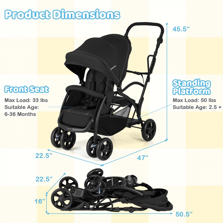Foldable twin tandem stroller in black with adjustable handlebar, front seat recline, and compact one-button fold.
