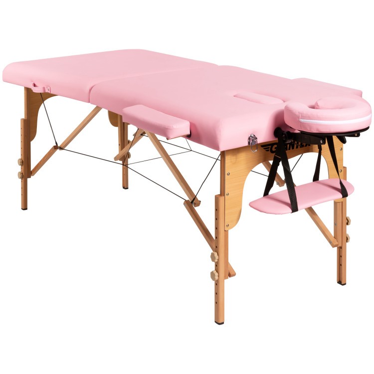 Foldable pink facial spa bed with adjustable height, headrest, and armrests, ideal for massage and beauty treatments.