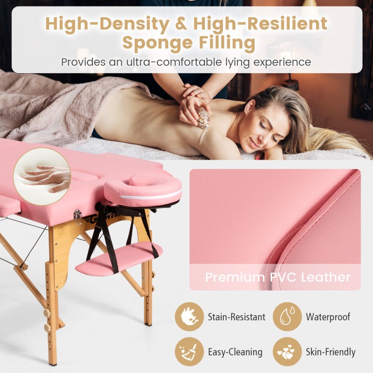 Foldable pink facial spa bed with high-density sponge, PVC leather, and adjustable height for versatile use in spa.