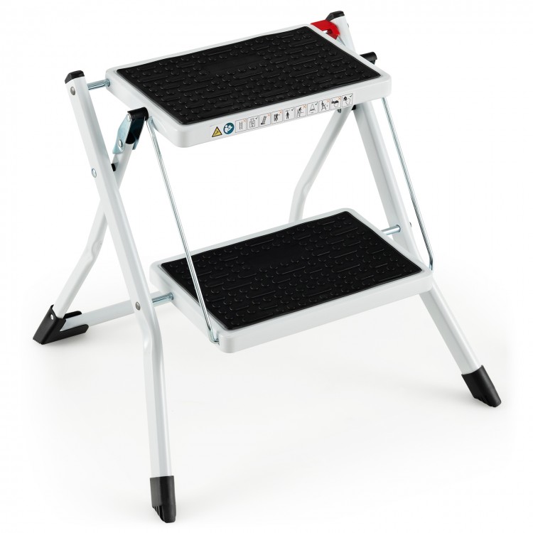 Folding 2-step ladder with anti-slip pedals and large foot pads, designed for safety and easy transport in tight spaces.