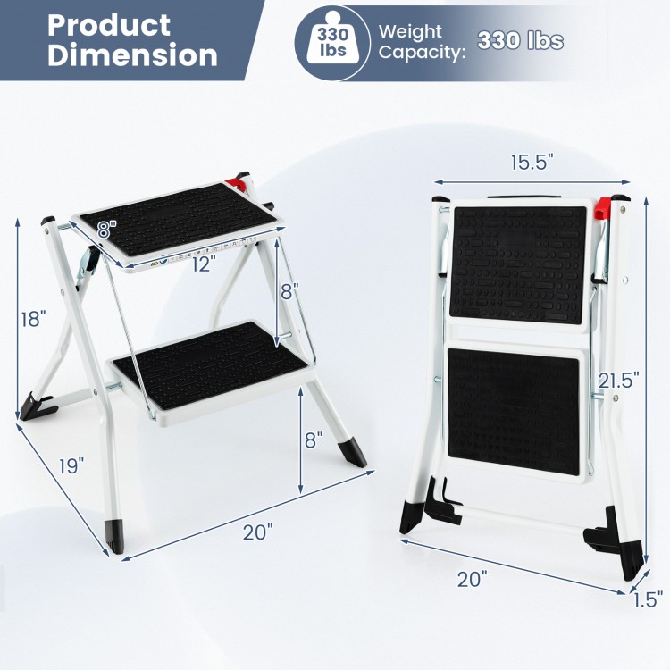 Folding 2 step ladder with anti-slip pedals, black and white, compact design, holds 330 lbs for safe use indoors and.