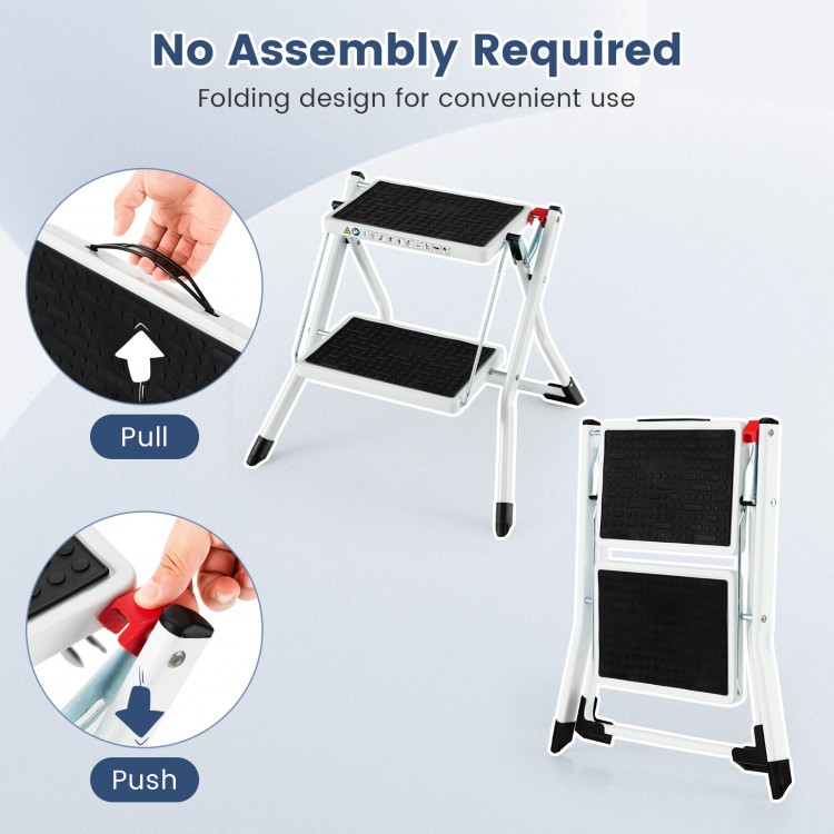 Folding 2 step ladder in black and white with anti-slip pedals, ideal for window cleaning and easy transport.