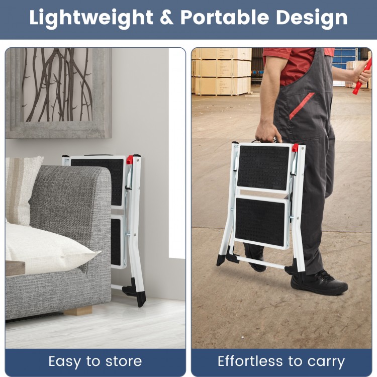 Folding 2 step ladder in black and white, featuring anti-slip pedals and lightweight design for easy storage and.