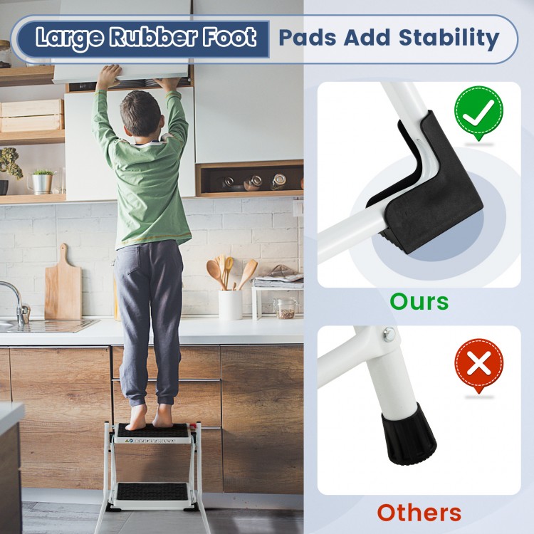 Folding 2 step ladder with anti-slip pedal and large rubber foot pads, designed for stability and safety in various.