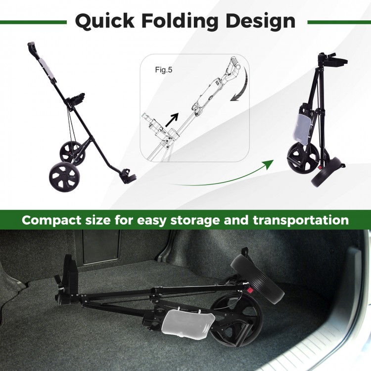 Folding golf cart trolley with two removable wheels, compact design for easy storage and transportation.