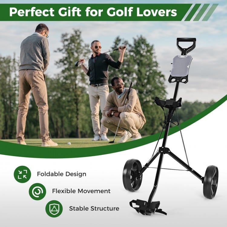 Folding 2 wheels golf cart trolley with scoreboard, featuring a foldable design and ergonomic handle for easy transport.