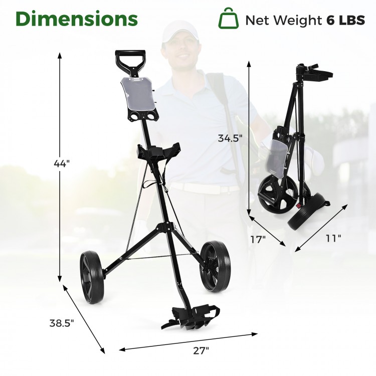 Folding 2 wheels golf cart trolley with scoreboard, featuring a lightweight steel frame and removable wheels for easy.