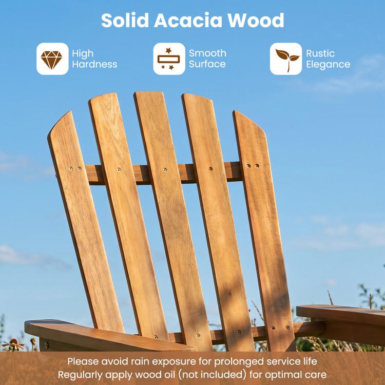 Folding oversized Adirondack chair made of solid acacia wood features a slat-style surface for air circulation and comfort.
