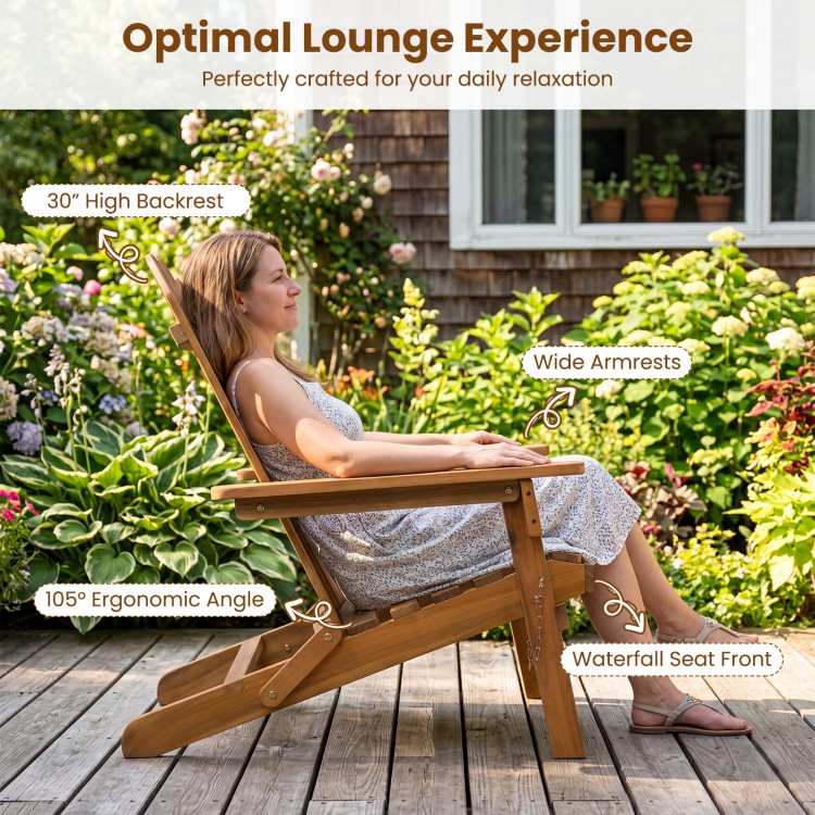 Oversized folding Adirondack chair made of acacia wood features a 30" high backrest and wide armrests for ultimate comfort.
