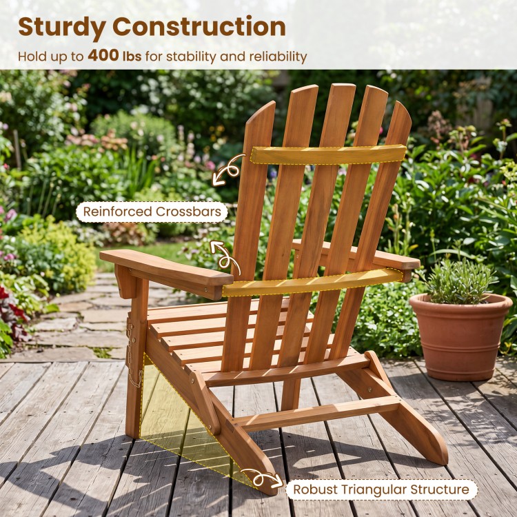 Folding acacia wood oversized Adirondack chair features a robust triangular structure and reinforced crossbars for stability.