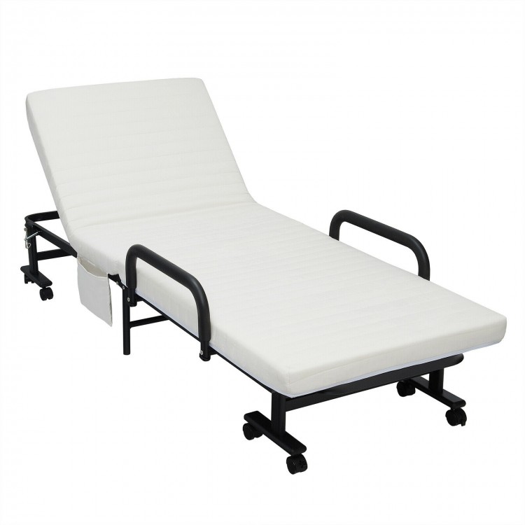 Folding adjustable guest bed in white with wheels, six-gear adjustment, and practical storage for home or office use.
