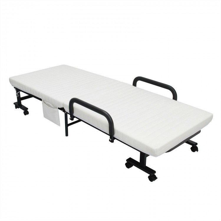 Folding adjustable guest bed in white with wheels, side handrails, and a soft mattress for versatile use and easy.