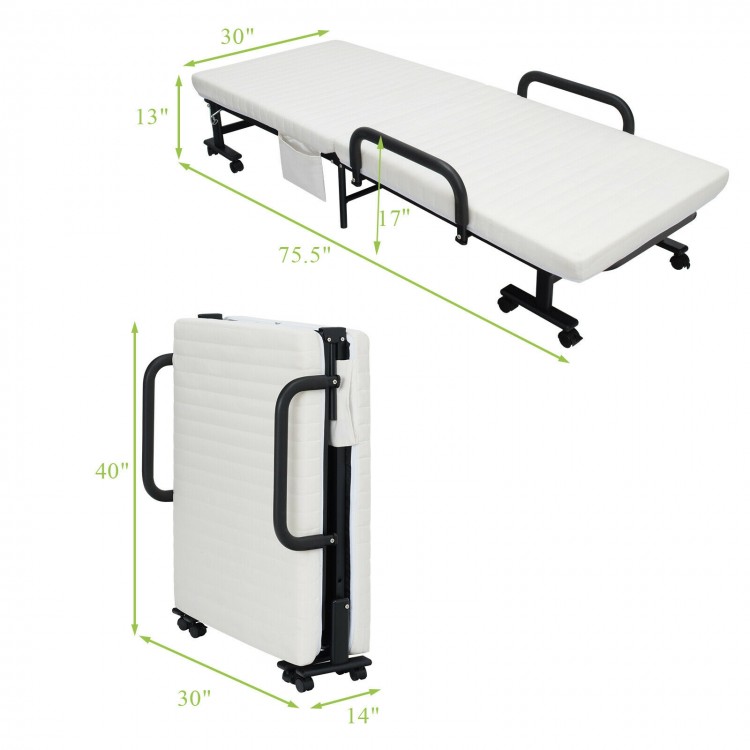 Folding adjustable guest bed in white with wheels, features six-gear adjustment and practical storage bags for.