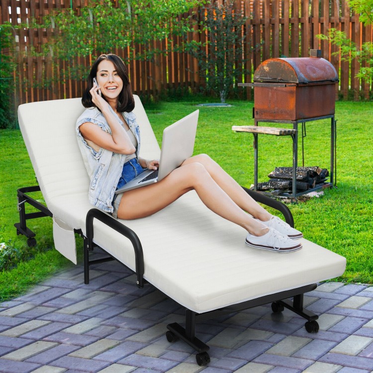 Folding adjustable guest bed in white with wheels, featuring a soft mattress, ideal for outdoor lounging or camping.
