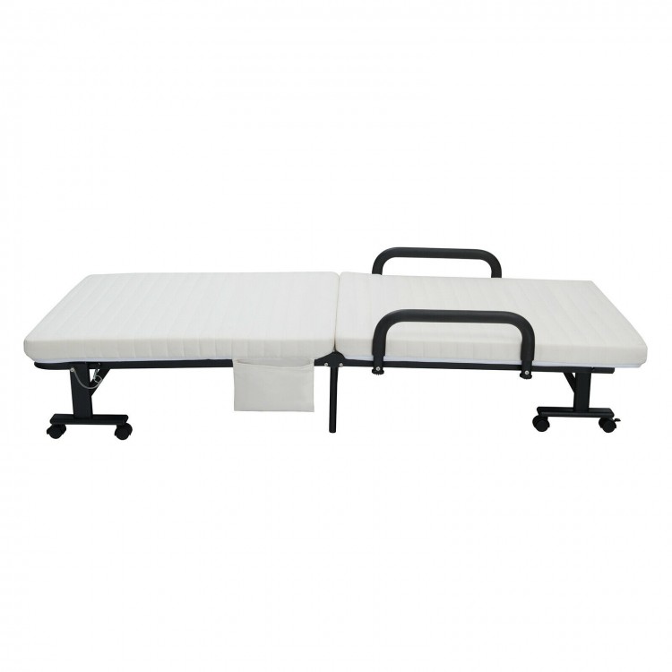 Folding adjustable guest bed in white with wheels, side handrails, and a soft mattress for home or office use.