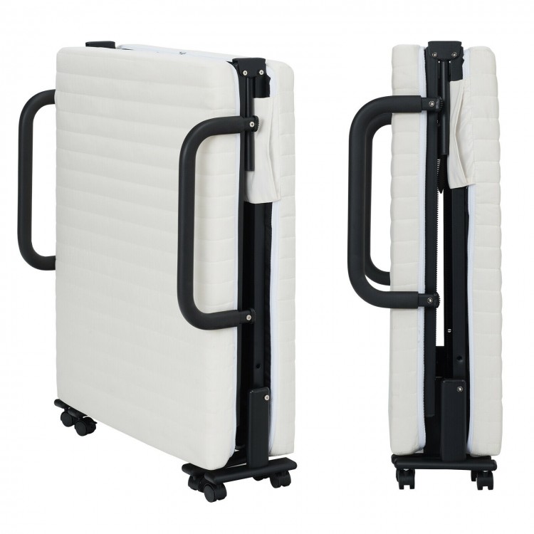 Folding adjustable guest bed in white with wheels, featuring a soft mattress and practical storage for versatile use.