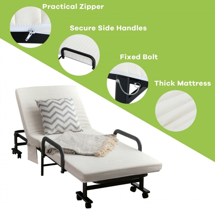 Folding adjustable guest bed in white with thick mattress, side handles, and wheels for easy movement and storage.