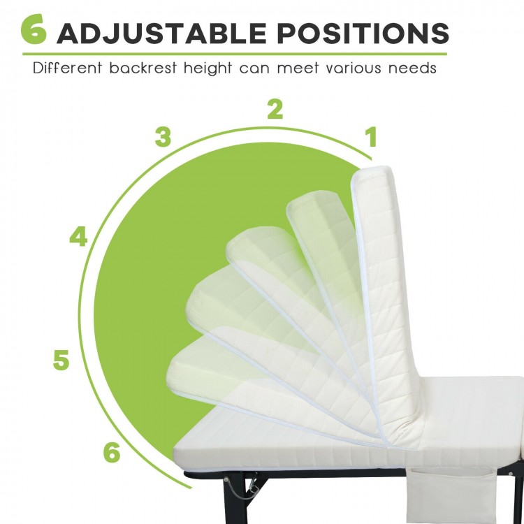 Folding adjustable guest bed with six backrest positions, wheels for mobility, and a soft mattress for comfort.