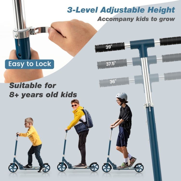 Folding aluminum alloy scooter in blue with 3 adjustable heights, suitable for kids 8+ for safe riding and storage.