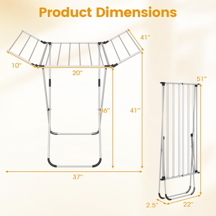Folding aluminum clothes drying rack with 2 side wings, 60 ft drying capacity, and collapsible design for easy storage.
