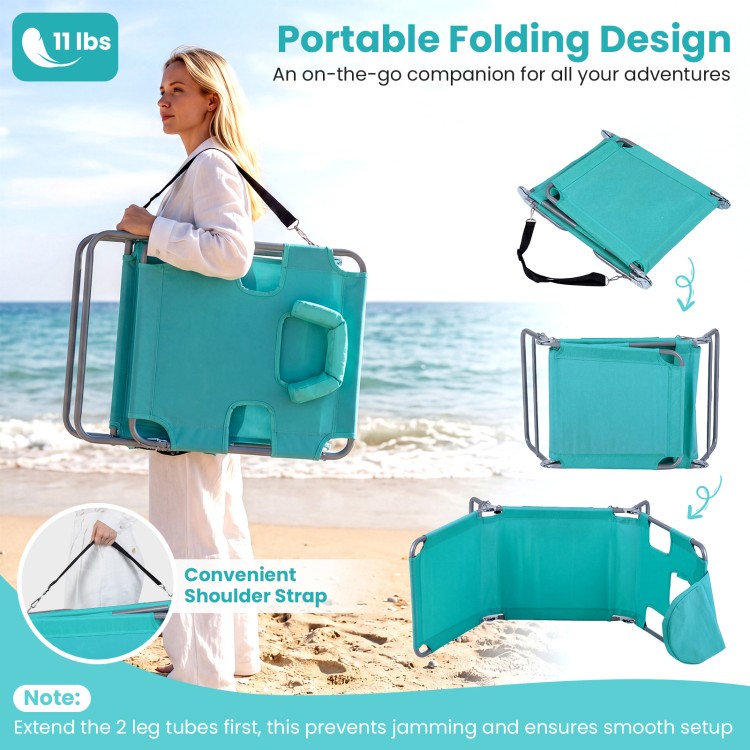 Light green folding beach lounge chair with adjustable backrest and shoulder strap, perfect for beach or pool.