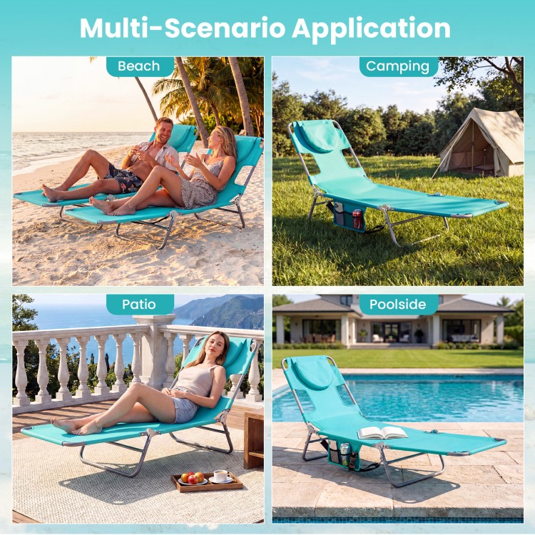 Light green folding beach lounge chair with adjustable backrest, perfect for relaxing at the beach, pool, or patio.