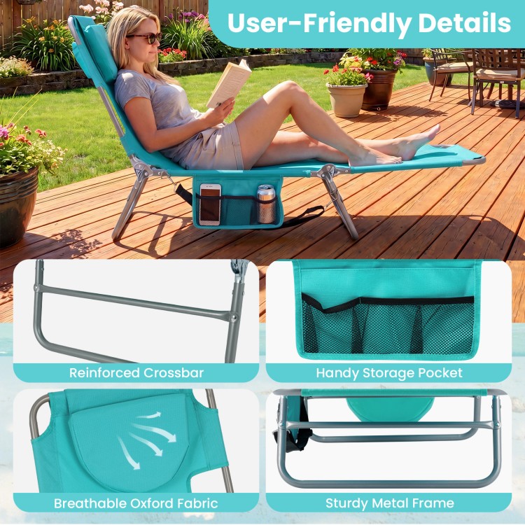 Light green folding beach lounge chair with adjustable backrest, sturdy metal frame, and handy storage pocket for.
