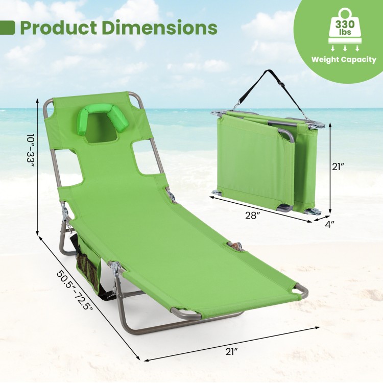 Folding beach lounge chair in lawn-green with adjustable backrest, compact fold, and 330 lbs weight capacity for.